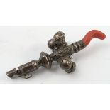 An 18th century child's rattle, with teether and whistle, unmarked, with contemporary monogram,