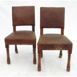 Six leather covered dining chairs, with flower head moulding to seats and backs,