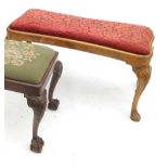 A burr walnut Queen Anne style long rectangular duet stool, with shell carving to the knees,