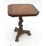 An Antique occasional table, the square top with rebated corners and central parquetry inlay,