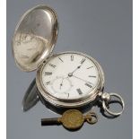 A silver hunter pocket watch, with white enamel dial, black Roman numerals,