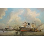 A 20th century English School, oil on canvas, shipping scene with Cunard ship in docks,