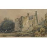 A 19th century English School, watercolour, landscape with ruins, figures and cattle, 8.5ins x 14.