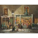 Deborah Jones, oil on board, Buying Christmas Presents, view of shop front with figures, 11.