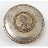 An 18th century Russian silver circular box, the cover inset with a medal KOPOHOBAHA BMOCKB'B CEHT.