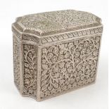 A white metal rectangular shaped box, with rebated corners, decorated all over in foliage, width 3.