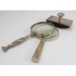 A silver framed magnifying glass, with shagreen handle, maker Samuel Jacob, London hallmark,