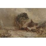 Slater, oil on canvas, winter landscape with figure and cottage,