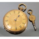 A fob watch, stamped '18k' to the case and cuvette, housing a bar movement with cylinder escapement,