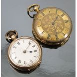 A fob watch, stamped '18k', with a metal cuvette, bar movement with cylinder escapement,