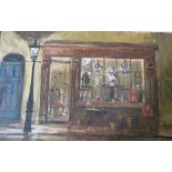 Deborah Jones, oil on board, Antiques JJ Potts Objets d'Art, shop front with lamp post, 10ins x 15.