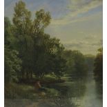 A 19th century oil on board, figure fishing on a riverbank, indistinctly signed, 10.5ins x 9.