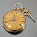 An 18ct gold fob watch, Chester 1871, with a key wound movement, overall diameter 4.