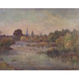 Ethelbert White, oil on canvas, view across water with church and trees, 19.5ins x 25.