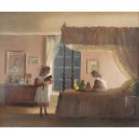 Deborah Jones, oil on board, Time for Bed, interior scene with children and toys in a bedroom,