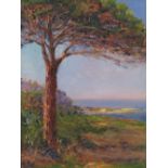 Geo Gyaniny, oil on board, Continental landscape, tree with sea and cliffs beyond, 13.