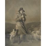 R Temple, a framed charcoal drawing of a shepherd leaning on his crook with sheep to the background,