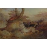 P Jones, oil on canvas, three terriers and a fox in landscape, signed and dated 1868,