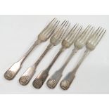 A set of five Scottish silver dessert forks, decorated in the fiddle and shell pattern,