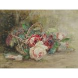 R H Austin, watercolour, still life study of roses in a basket to a mossy background,