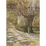 Rosemary Carr, gouache and ink, Fallen Cherry Blossom Church Path, 15.5ins x 11.