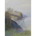 Frederick William Sturge, watercolour, view from cliff top down to seaside village, unsigned,