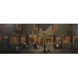 Deborah Jones, oil on board, Mrs Snaggs Antiques, view of shop front with figures, 11.5ins x 29.