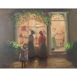 Deborah Jones, oil on board, Miss Milly, view of shop front with figures, 7.25ins x 9.