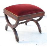 A 19th century mahogany rectangular stool, raised on X supports,