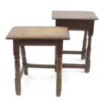 Two Antique oak joint stools, the rectangular tops raised on turned legs united by stretchers,