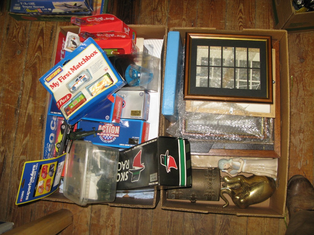 BOX OF DIE CAST AND OTHER TOYS AND BOX OF PRINTS ETC