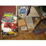 TWO BOXES OF NEW AND USED DIE CAST, OTHER TOYS, COLLECTORS PLATES AND BOX OF RESIN ANIMAL ORNAMENTS