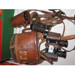 WWI Zeiss Monocular 8x24 in leather case (marked GH Whitesid) and British Army Prismatic Binoculars