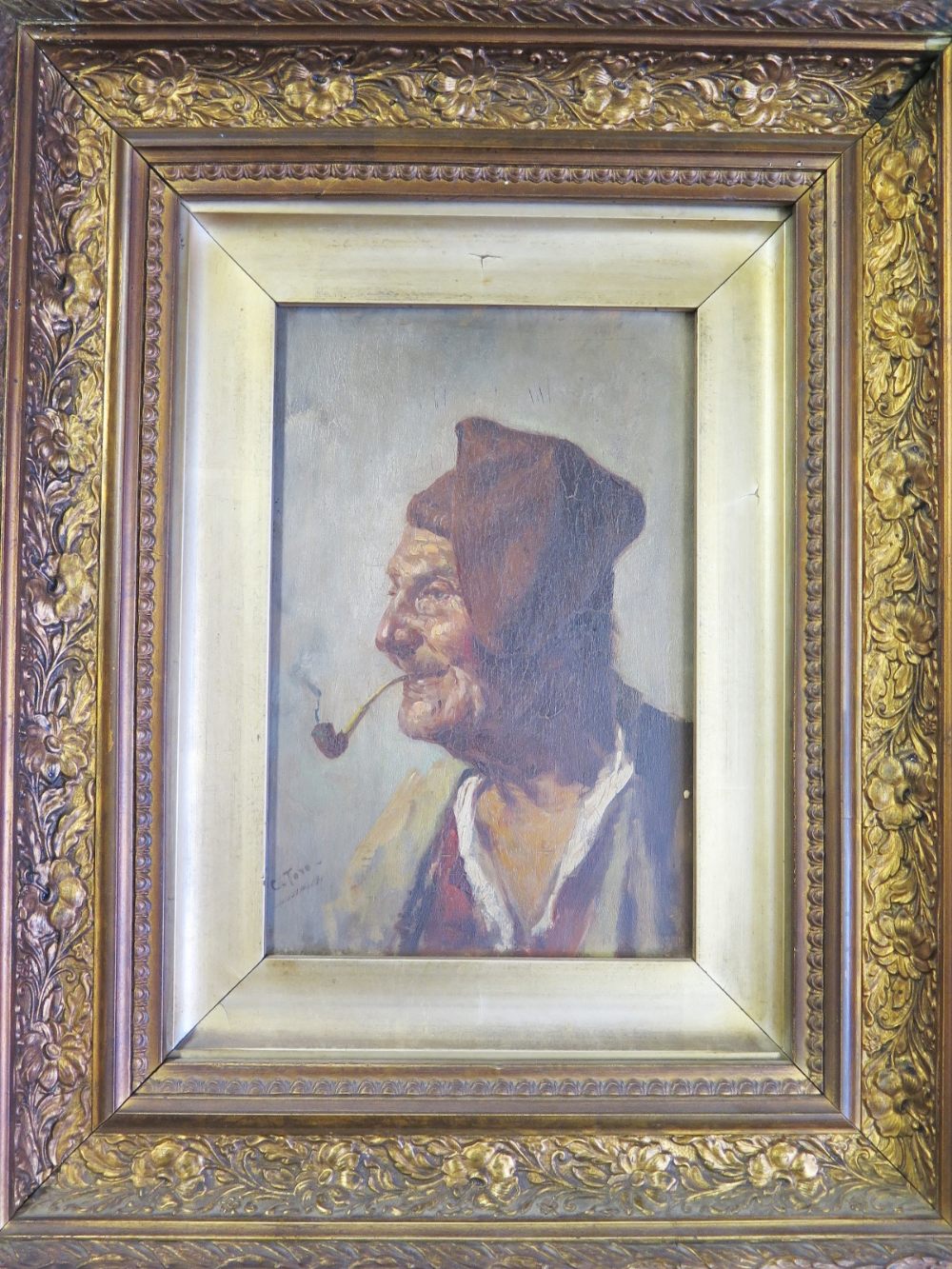 C. Tore?, Portrait of Man with Pipe, oil on panel, Southern European, 21 x 14cm