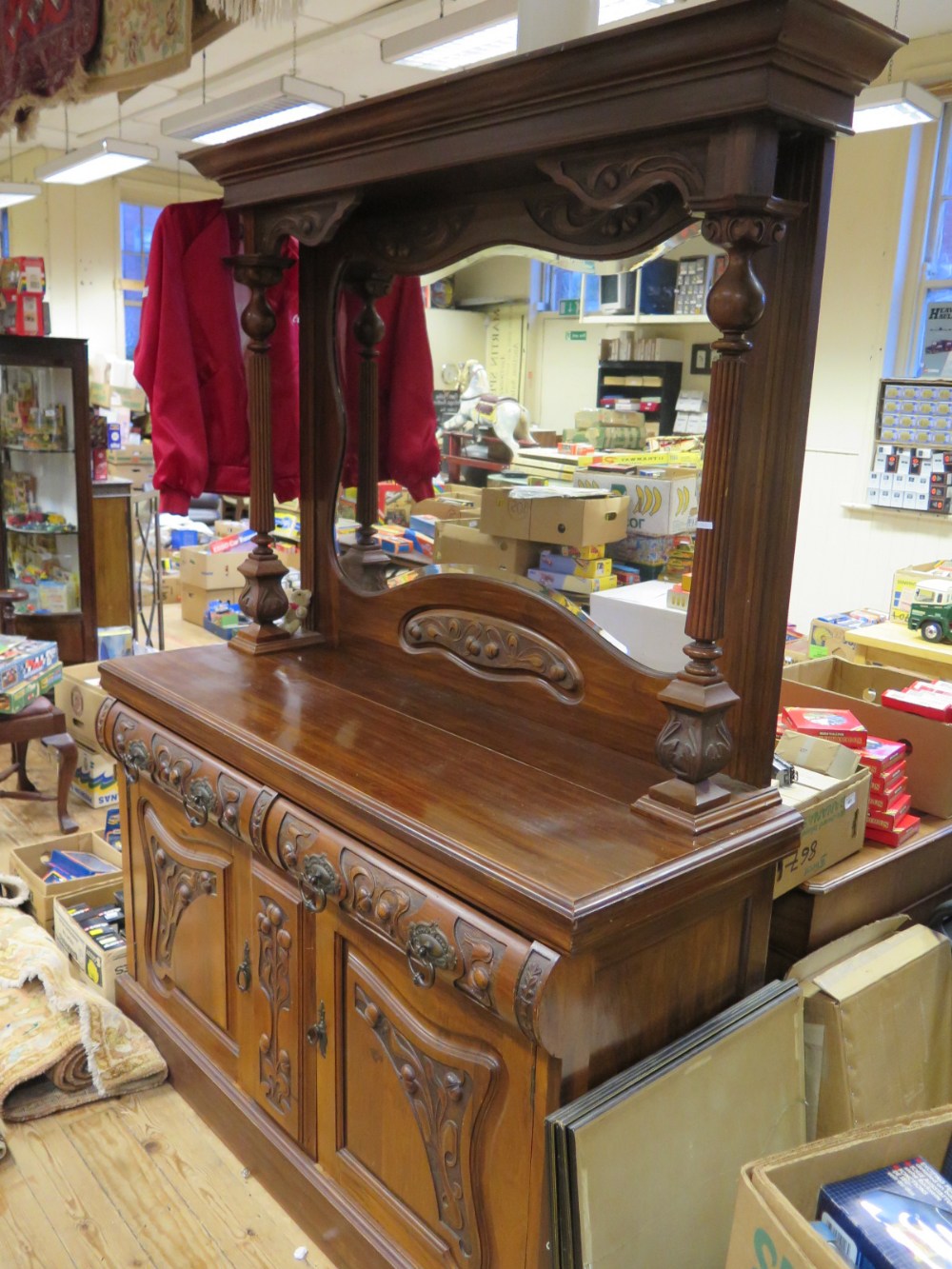 A Large Art Nouveau Carved Red Walbut Mirror Back Sideboard