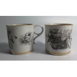 PAIR OF WORCESTER COFFEE CANS DECORATED WITH BLACK TRANSFER OF FLOWER BASKET AND SHELLS AND WITH