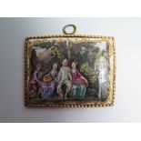 An Eighteenth Century Enamel Plaque decorated with lady playing guitar and three other figures, 87 x