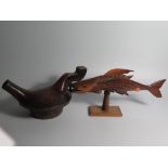 A Pitcairn Islands Carved Wooden Flying Fish and hardwood vessel cover