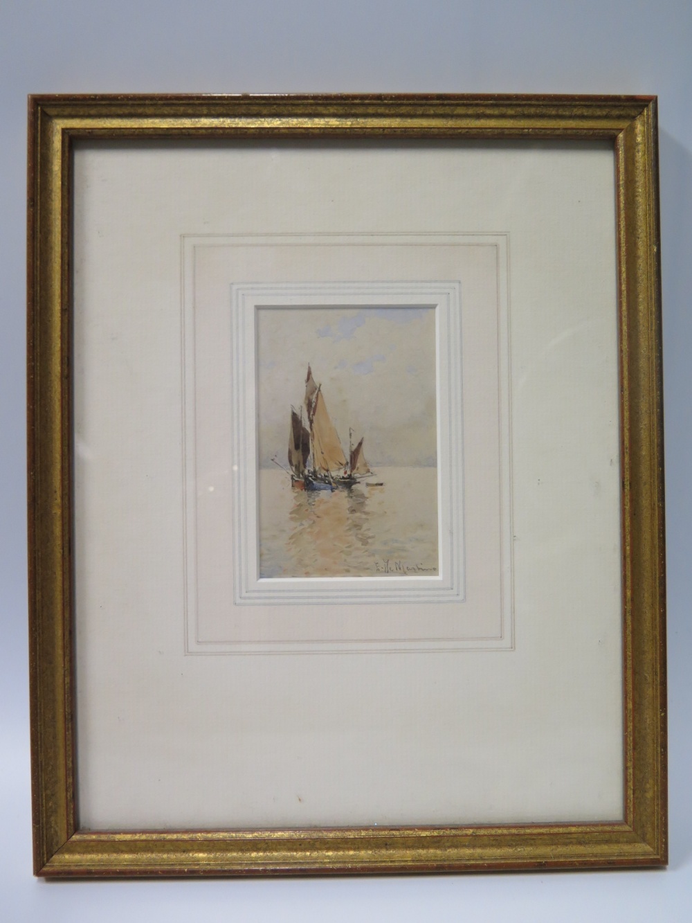 Chevalier Edwardo De Martino, Study of ketch on a calm sea, watercolour, 10.5 x 7cm, calling card