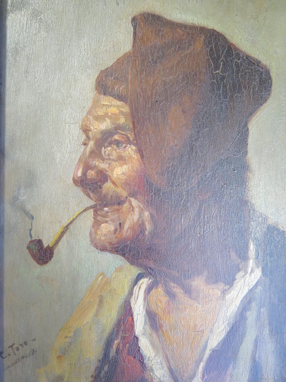 C. Tore?, Portrait of Man with Pipe, oil on panel, Southern European, 21 x 14cm - Image 2 of 3