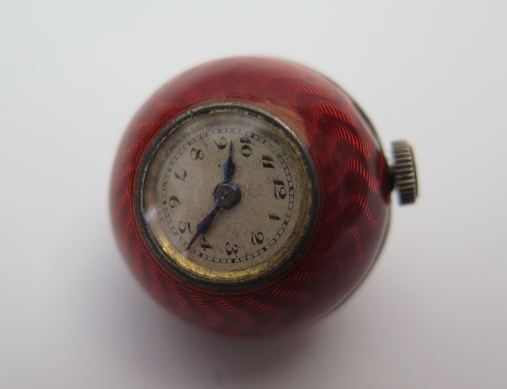 Juvenia of Switzerland Silver and Red Guilloché Enamelled Pendant Ball Watch