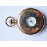 A Keyless Half Hunter Pocket Watch in gold plated case with enamelled dial and Swiss movement,