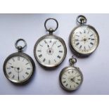 Four Silver Cased Ladies Pocket Watches, two keyless running