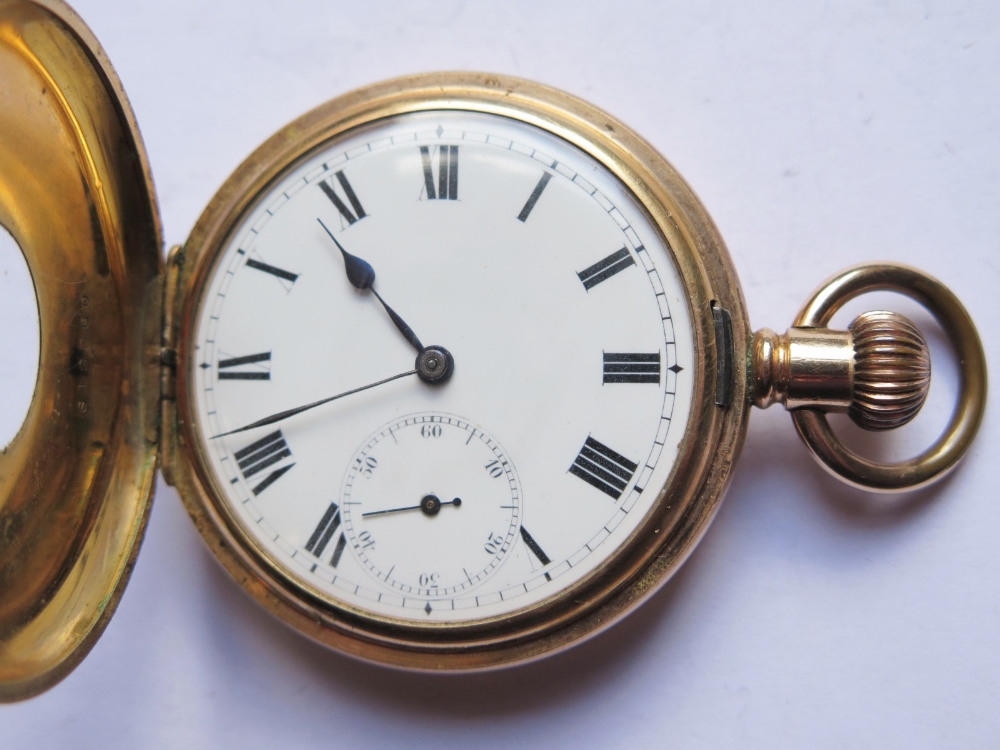 A Keyless Half Hunter Pocket Watch in gold plated case with enamelled dial and Swiss movement, - Image 2 of 2