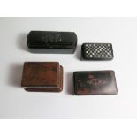 Three Papier Mache Snuff Boxes and stamp box