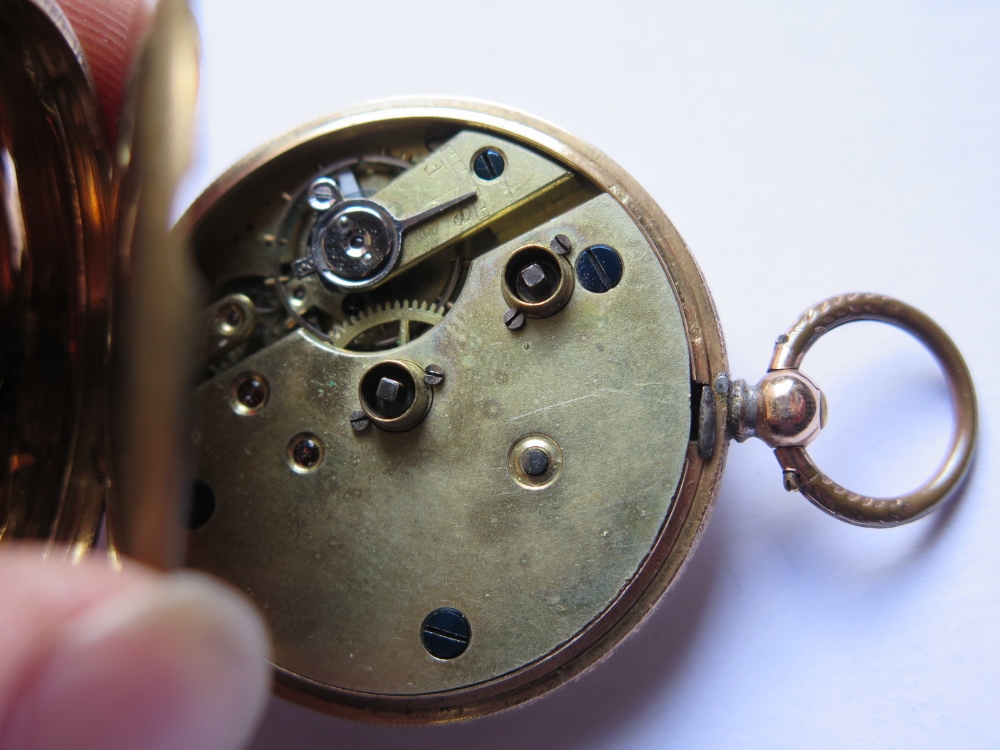 A 14k Gold Ladies Pocket Watch in case, the enamelled dial with subsidiary seconds hand, running - Image 2 of 2