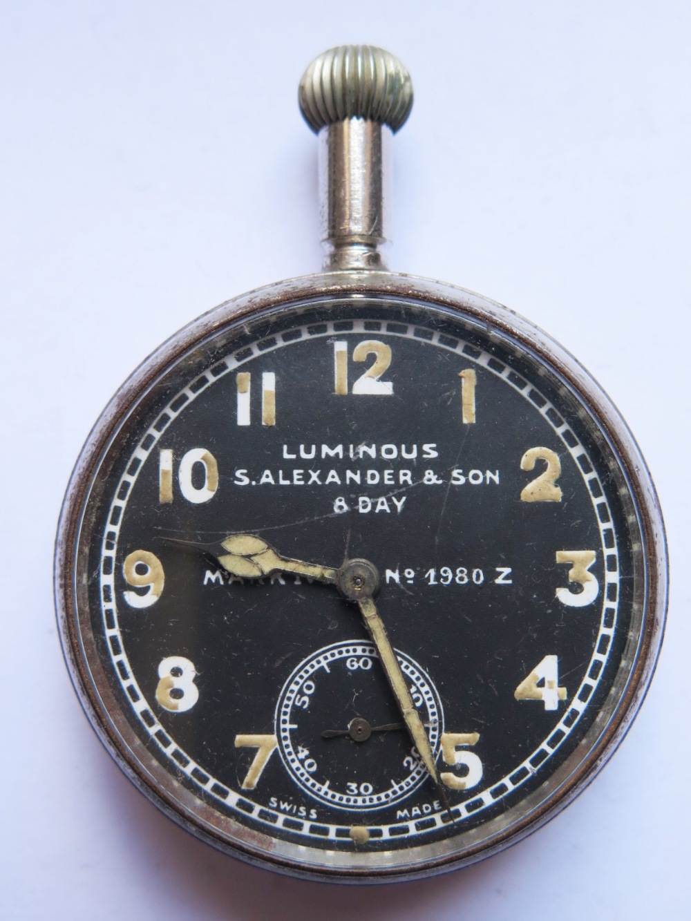 A WWII Bomber Navigation Pocket Watch by S. Alexander & Son, 8 day movement, Mark IV No. 19802