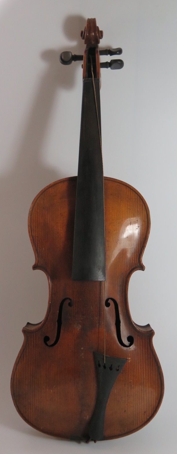 A Violin (14") and bow in case, both unmarked