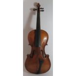 A Violin (14") and bow in case, both unmarked