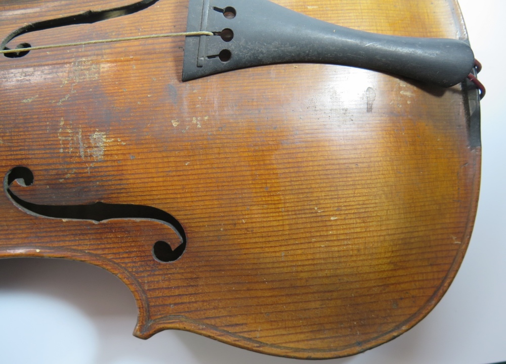 A Violin (14") and bow in case, both unmarked - Image 3 of 7